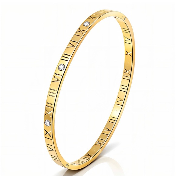 Jewelry - Roman Numeral 18K Gold Plated Bangle Bracelet with Crystals